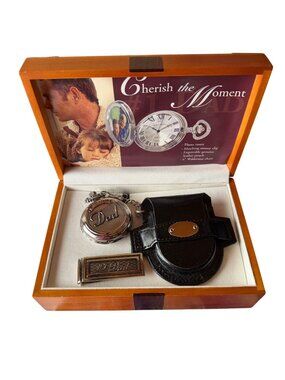 Colibri Dad Pocket Watch Gift Set With Money Clip & Leather Pouch In Wooden Box